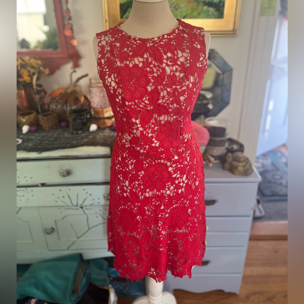Ryan Michelle Red Lace Sleeveless Dress M Beige Lining Party Holiday Dressy Vguc